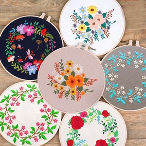 Gift for her|Modern Embroidery Kit |Sweet Flower Embroidery Pattern| DIY Embroidery Pattern Hoop| Hand Embroidery Full Kit  for Gift|Diy kit