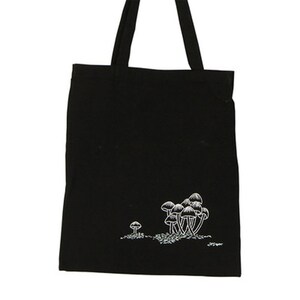 May include: Black canvas tote bag with a white embroidered design of mushrooms.