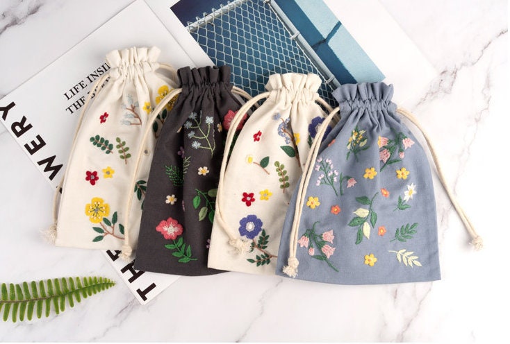 Floral Beginner Embroidery Kit Drawstring Backpack, Hand