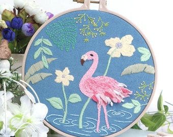 Embroidery Kit Full kit,Flamingo Embroidery Pattern,Hand Embroidery kit,DIY Embroidery kit,Diy Kit adult kids gift for her - English Guide