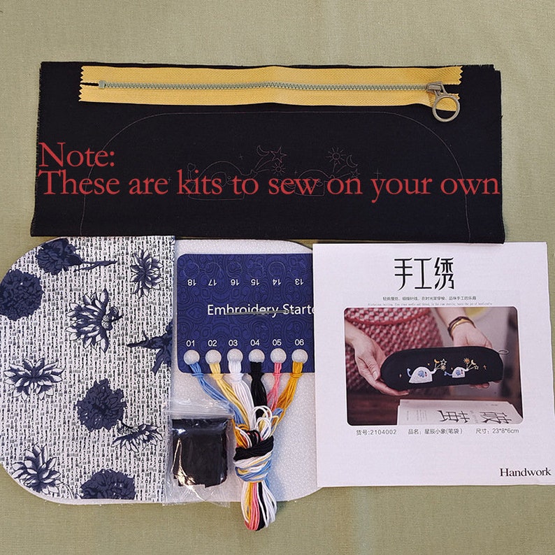 May include: A kit for embroidery featuring a black fabric pouch with a zipper, a white fabric with a blue floral pattern, a card with embroidery floss in various colors, and a card with instructions in Chinese and English. The instructions include the text "Embroidery Start" and "Handwork".