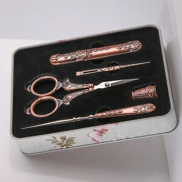 5 PCS Victorian Sewing Tool Set with Scissor Thimble, Vintage Needlework Kit,Sewing Case, Antique Embroidery Scissor, Gift for Sewing Lovers