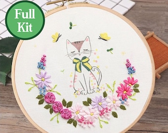 Kit de bordado Gato kit de bordado para principiantes Modern Embroidery Kit Hand Embroidery Kit flores de ciervo bordado patrón DIY Embroidery Kit