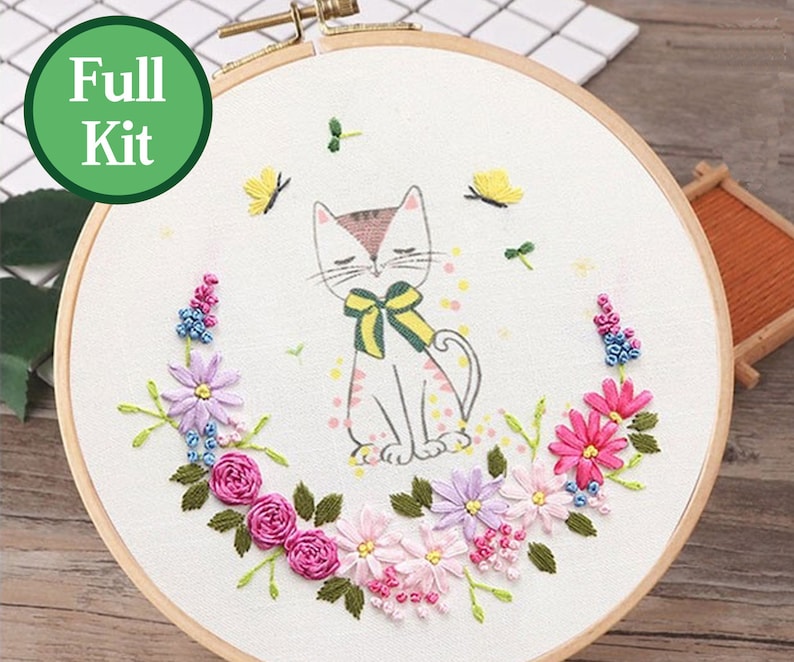 Embroidery Kit Cat Embroidery Kit For Beginner Modern Etsy