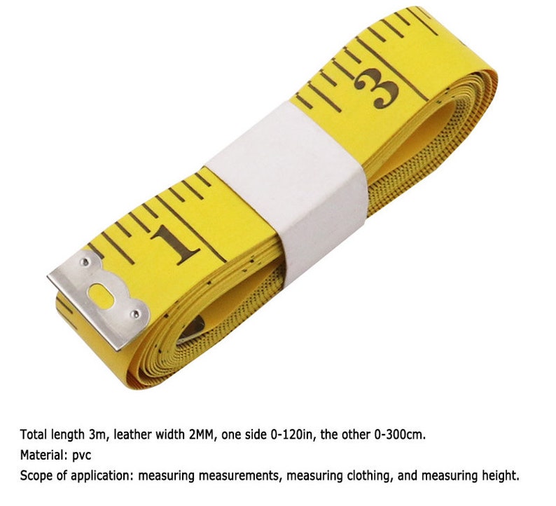 May include: A yellow measuring tape with black markings and a silver metal end. The tape is rolled up and secured with a white label. The tape measures up to 120 inches or 300 centimeters.