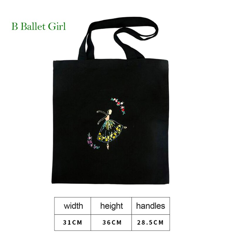 May include: Black canvas tote bag with an embroidered image of a ballerina in a yellow and blue dress. The bag has black handles and measures 31 inches wide, 36 inches high, and 28.5 inches in handle length.