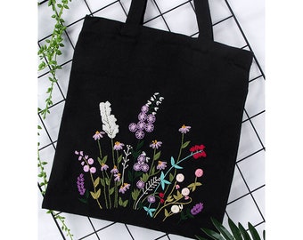 Stickerei Kit Canvas Tasche, modernes Blumenmuster Hand Embroidery Kit, Anfänger Canvas Tasche, Stickerei Tasche Sommer Wildblumen, Hoop Art