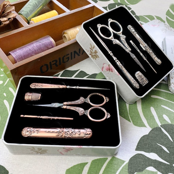 Victorian Needlework Kit,5 PCS Vintage Style Embroidery Kit,Sewing Kit,Sewing case,Antique style,Embroidery/Sewing scissor,Sewing supplies
