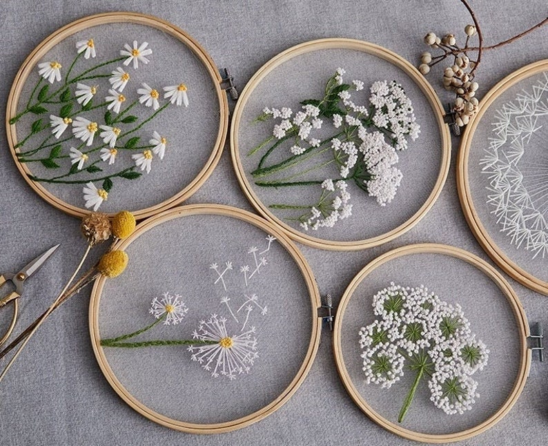 Plants transparent embroidery kit for beginner,Flower diy Kit,beginner Hand Embroidery Full Kit ,Diy start up embroidery set - English Guide 