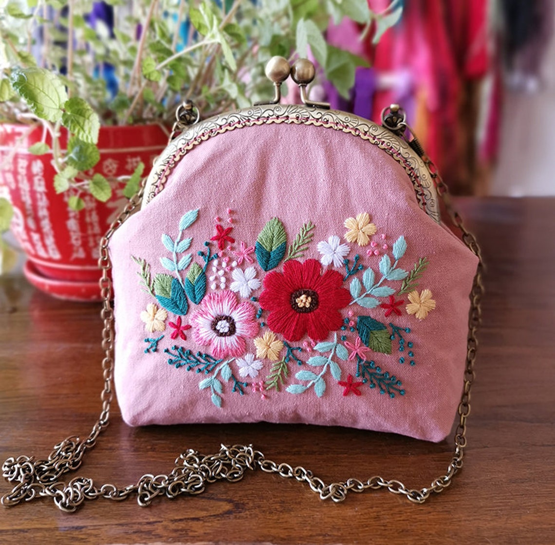 Flower Pattern Hand Embroidery Kitbeginner Canvas Chain Bag | Etsy