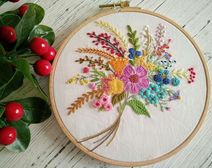 Floral Beginner Embroidery Kit-Diy Craft-Modern Flower Plant Hand Embroidery Full Kit-DIY Floral Needlepoint Hoop Wall Art Kit-gifts for mom