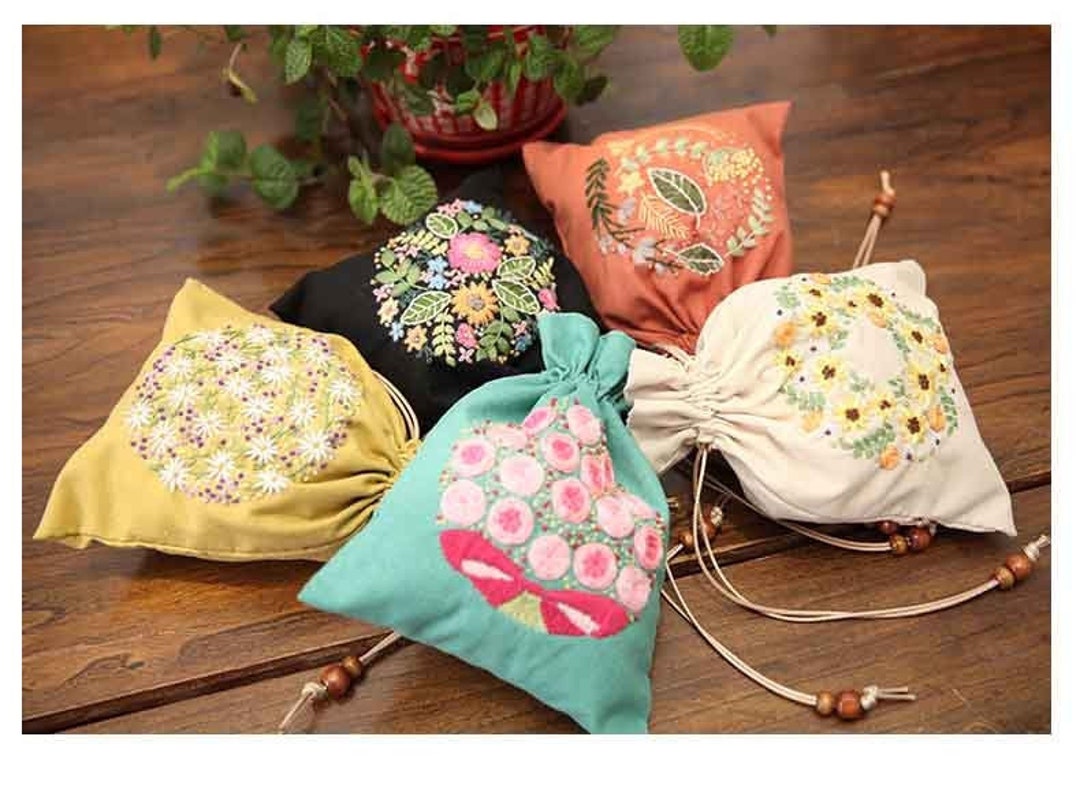 Hand Embroidery Drawstring Bag, Modern Floral Plant Child's Bag, Flower Beginner Embroidery Kit