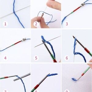 May include: A step-by-step guide on how to use a needle threader tool. The tool is a long, thin, metal needle with a small loop at the end. The needle is threaded with blue thread and the steps are shown in nine images.