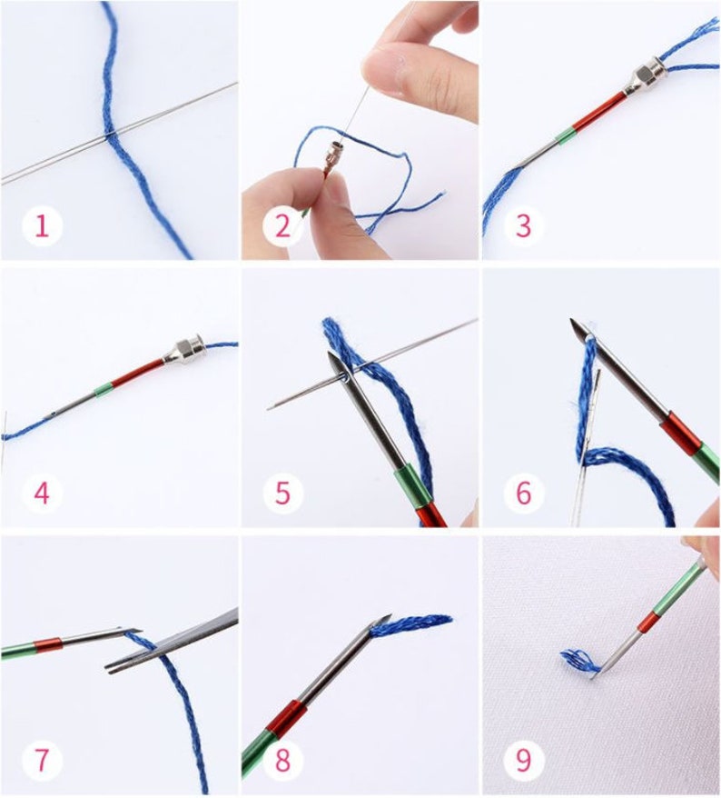 May include: A step-by-step guide on how to use a needle threader tool. The tool is a long, thin, metal needle with a small loop at the end. The needle is threaded with blue thread and the steps are shown in nine images.