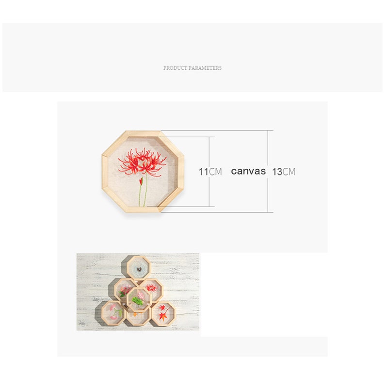 Peut inclure: Un ensemble de huit cadres en bois octogonaux avec des broderies florales rouges, roses et vertes. Les cadres mesurent 11 cm sur 13 cm et sont dispos&eacute;s en forme de pyramide.