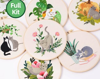 Diy Cat Embroidery Kit beginner, Beginner Embroidery kit, Modern embroidery kit cross stitch,Hand Embroidery Kit, Needlepoint, Diy Craft Kit