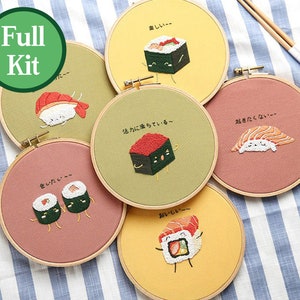 Beginner Embroidery Kit-DIY Craft Kit Sushi Pattern-Hand Embroidery Full Kit-Embroidery Hoop Wall Art Kit-DIY Food Needlework Gift|Hoop art