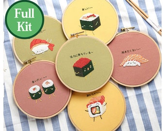 Beginner Embroidery Kit-DIY Craft Kit Sushi Pattern-Hand Embroidery Full Kit-Embroidery Hoop Wall Art Kit-DIY Food Needlework Gift|Hoop art