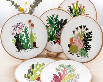 Embroidery Kit for beginner floral modern,Cactus pattern, Full hand embroidery kits starter,Plant succulent cacti embroidery, DIY craft kits