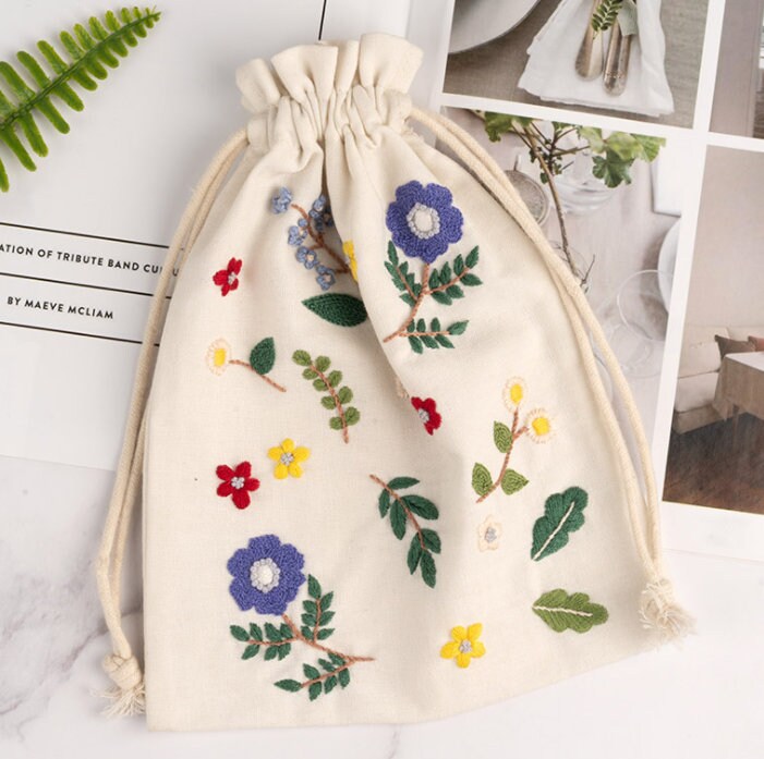 Floral Beginner Embroidery Kit Drawstring Backpack, Hand