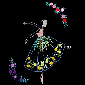 May include: Embroidered design of a ballerina in a blue dress with yellow and green floral details. The ballerina is surrounded by a wreath of pink and red flowers.
