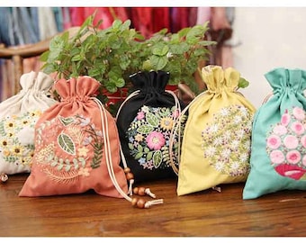 Hand Embroidery Drawstring Bag,Floral Beginner Embroidery Kit Drawstring Backpack,Modern Flower Plant Child's Bag,DIY Kid's Drawstring Bag