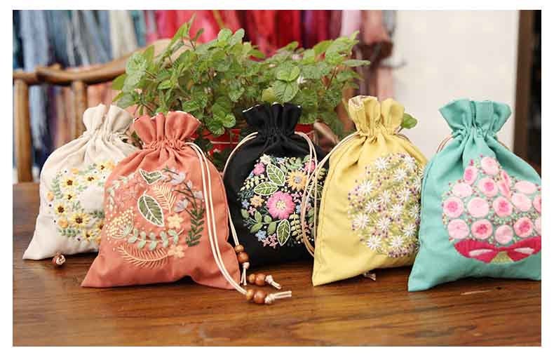 Hand Embroidery Drawstring Bag, Modern Floral Plant Child's Bag