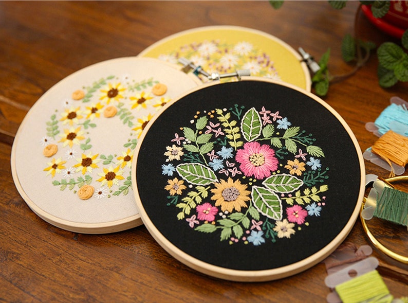 Floral Beginner Embroidery Kit Modern Flower Plant Hand Embroidery Full Kit DIY Floral Needlepoint Hoop Wall Art Kit image 1