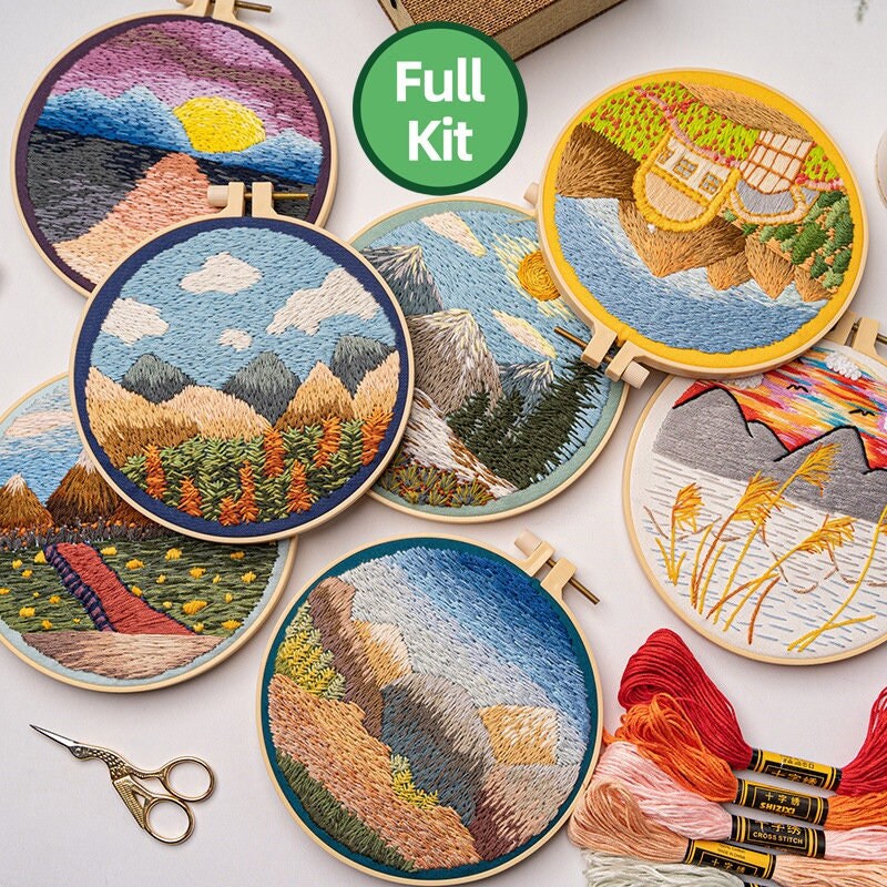 3 Sets Embroidery Starter Kit With Landscape Tree Mountain River Floral Nature Scenery Pattern Embroidery Kit Hoops Needles Threads Beginners