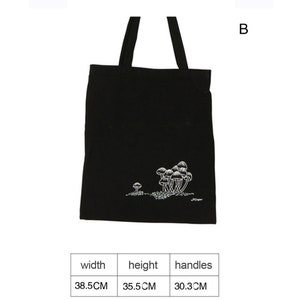 May include: Black tote bag with white mushroom graphic. The bag measures 38.5 inches wide, 35.5 inches high, and has handles that are 30.3 inches long.