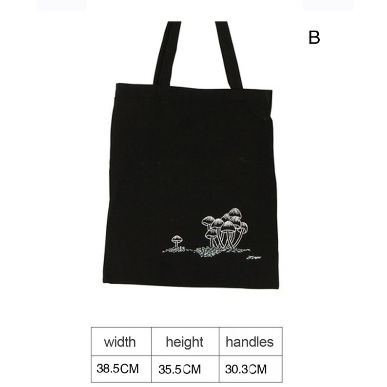 May include: Black tote bag with white mushroom graphic. The bag measures 38.5 inches wide, 35.5 inches high, and has handles that are 30.3 inches long.