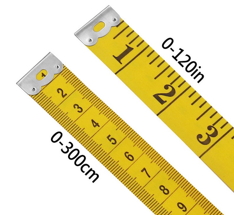 May include: Two yellow measuring tapes with black markings. The top tape reads "0-120in" and the bottom tape reads "0-300cm".