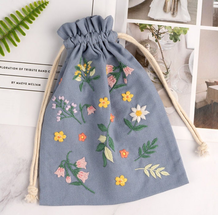 Floral Beginner Embroidery Kit Drawstring Backpack, Hand
