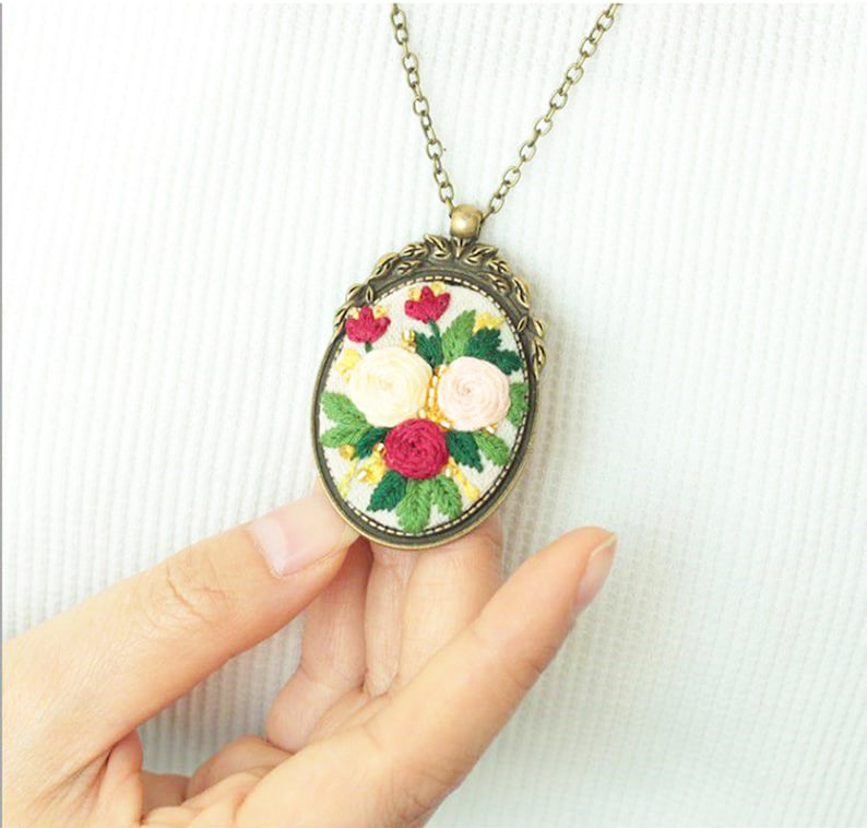Embroidery Kit Handmade Embroidered Necklacefloral Etsy