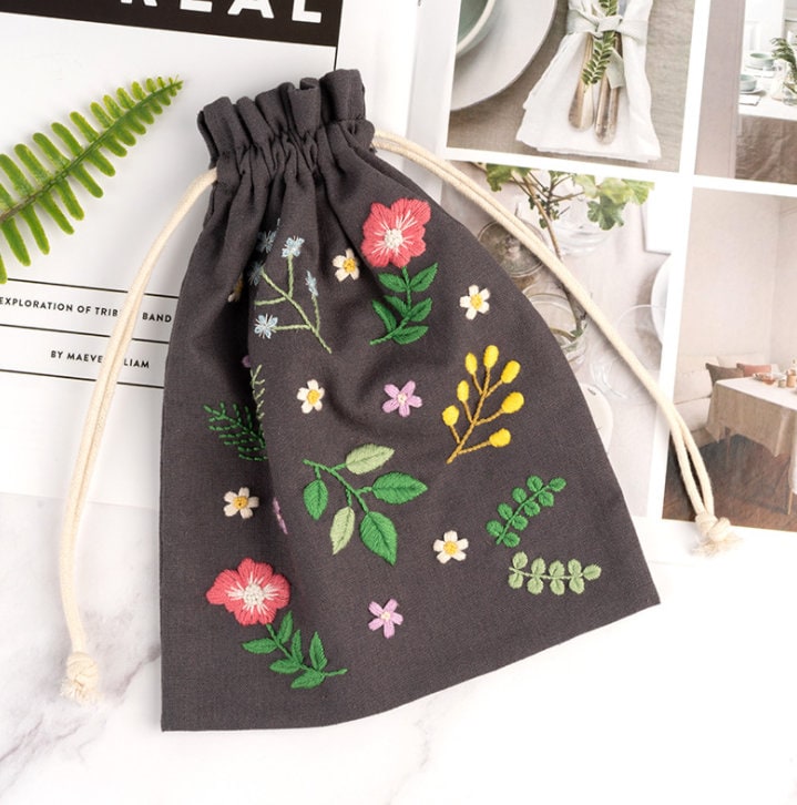 Floral Beginner Embroidery Kit Drawstring Backpack, Hand