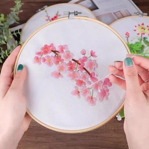 Cherry blossom Embroidery Kit Beginner,Embroidery DIY Needlepoint Hoop Art Kit,Modern Floral Plant Pattern Hand Embroidery Kit,Gifts for her