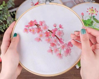 Kit de broderie de fleurs de cerisier Débutant, Broderie DIY Needlepoint Hoop Art Kit, Kit de broderie à la main à motif de plante florale moderne, Cadeaux pour elle