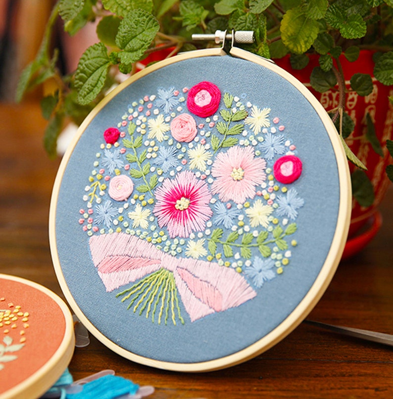 Floral Beginner Embroidery Kit Modern Flower Plant Hand Embroidery Full Kit DIY Floral Needlepoint Hoop Wall Art Kit image 7