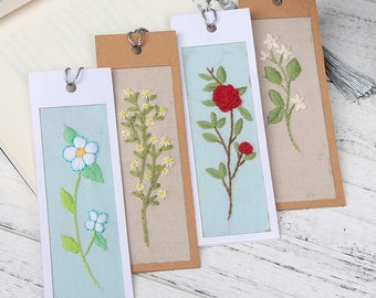 Beginner Embroidery Kit bookmark Set Of Five DIY Needlepoint Hoop Hand embroidered Bookmark flower Gift for readers bookmark