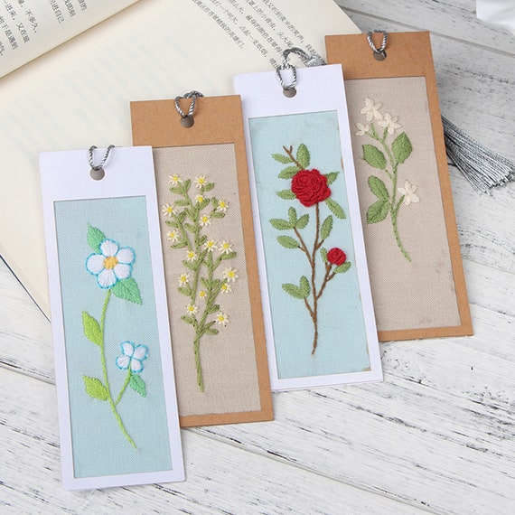 Beginner Embroidery Kit bookmark Set Of Five DIY Needlepoint Hoop Hand embroidered Bookmark flower Gift for readers bookmark