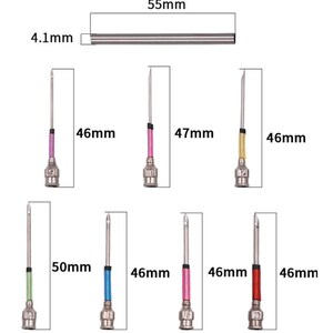 May include: Set of 8 different colored sewing needles with metal tips and plastic colored shafts. The needles are 46mm, 47mm, and 50mm in length.