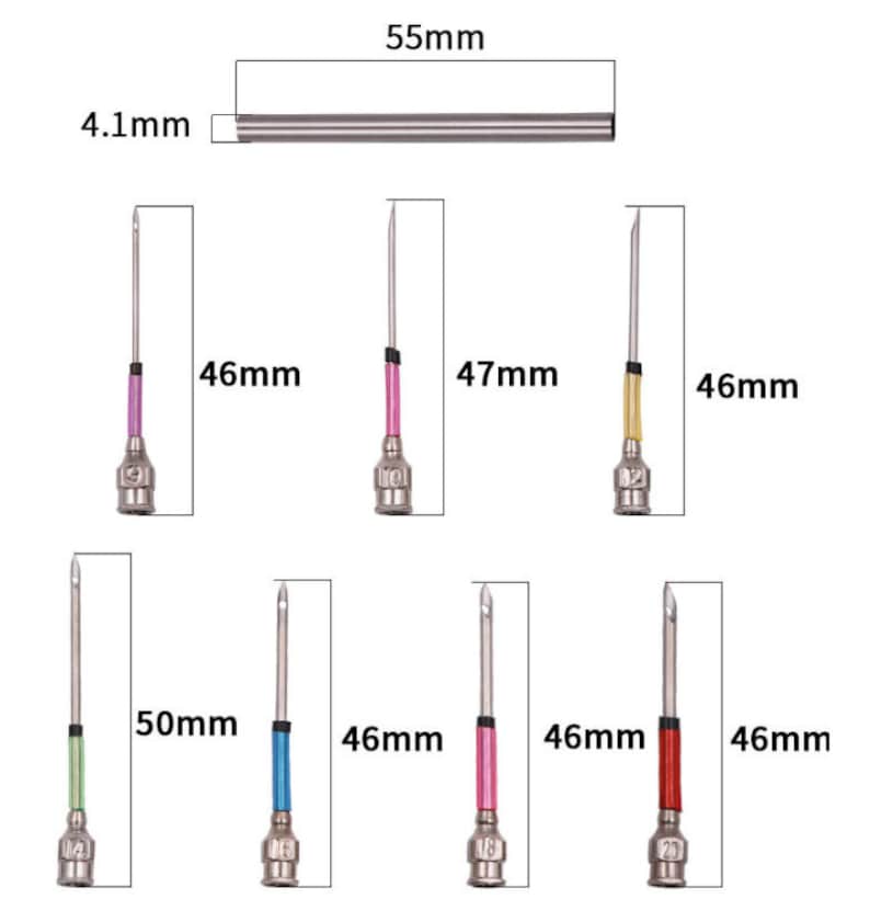 May include: Set of 8 different colored sewing needles with metal tips and plastic colored shafts. The needles are 46mm, 47mm, and 50mm in length.