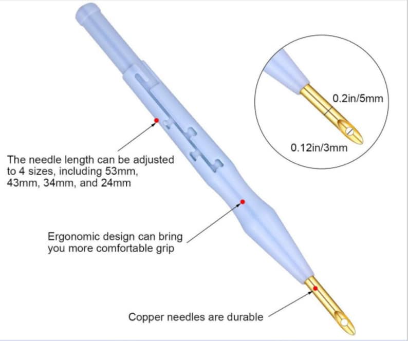 Op de afbeelding: Een blauwe plastic tool met een intrekbare naald. De naald kan worden aangepast aan vier maten: 53 mm, 43 mm, 34 mm en 24 mm. De tekst "0,2 inch/5 mm" en "0,12 inch/3 mm" is zichtbaar op de afbeelding. De tekst "Koperen naalden zijn duurzaam" is ook zichtbaar.