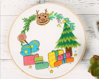 diy kit kids | Modern Embroidery Kit with Pattern|Christmas Gift Decoration Embroidery Full Kit | DIY Craft Kit Floral Antlers|Gift for her