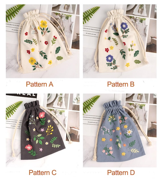 Floral Beginner Embroidery Kit Drawstring Backpack, Hand
