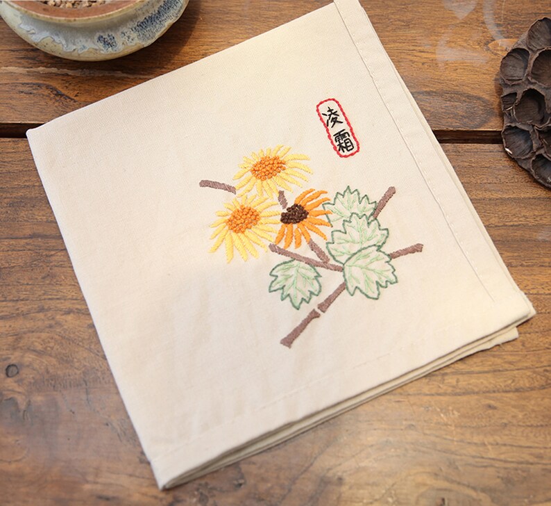 christmas gift Kit Handkerchief Embroidery Kit For Beginner Napkin Hand Embroidery Kit Modern Embroidery Kit flowers Embroidery Pattern