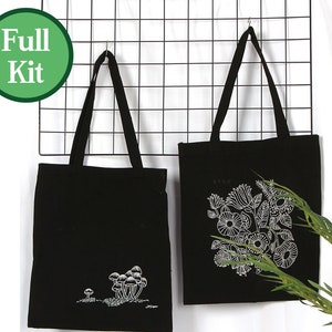 Desunat DIY Embroidery kit for Adults Black Canvas Tote Bag,Cross Stitch  Kit Include Embroidery Bag,Instructions,Embroidery Hoops,Color Threads and