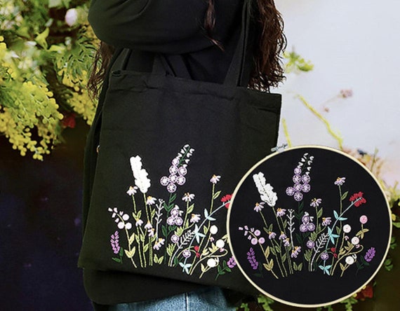 Embroidery Kit Canvas Bag,modern Flower Pattern Hand Embroidery  Kit,beginner Canvas Tote Bag,embroidery Bag Summer Wildflowers,hoop Art -   Israel