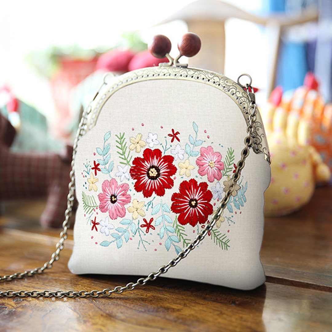Flower Pattern Hand Embroidery Kit,beginner Canvas Chain Bag Kit