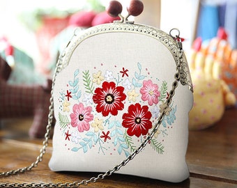 Flower Pattern Hand Embroidery Kit,Beginner Canvas Chain Bag kit,Embroidery  Kit wallet Bag,Buckle Coin Purse Embroidery kit,Clasp Coin Purse